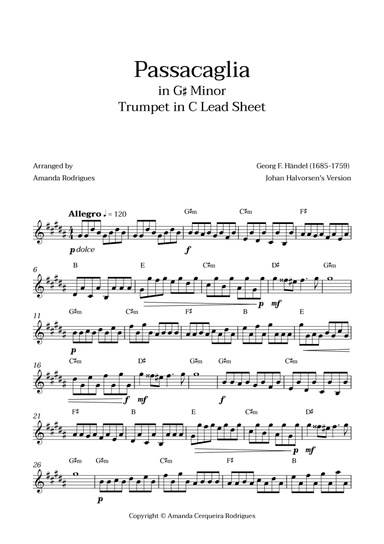 Passacaglia - Easy Trumpet in C Lead Sheet in G#m Minor (Johan Halvorsen's Version)