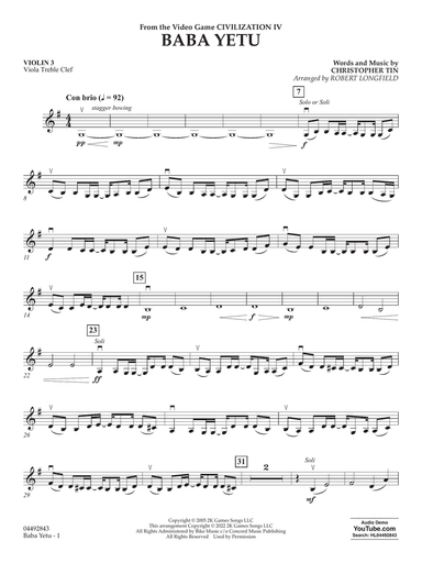 Baba Yetu (from Civilization IV) (arr. Robert Longfield) - Violin 3 (Viola Treble Clef)
