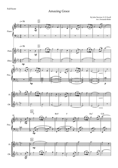 Amazing Grace (John Newton, E. O. Excell) for Flute & Oboe Duo and Piano Accompaniment with Chords