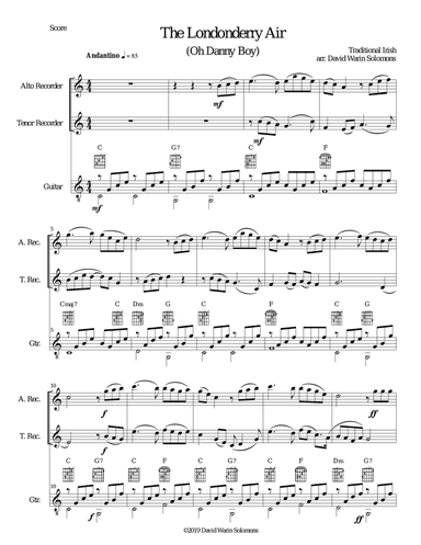The Londonderry Air (Oh Danny Boy) for alto recorder, tenor recorder and guitar