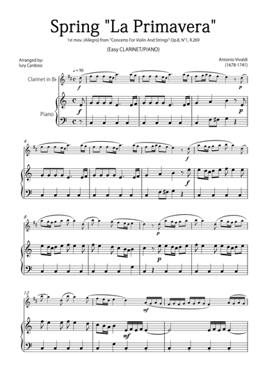"Spring" (La Primavera) by Vivaldi - Easy version for CLARINET & PIANO