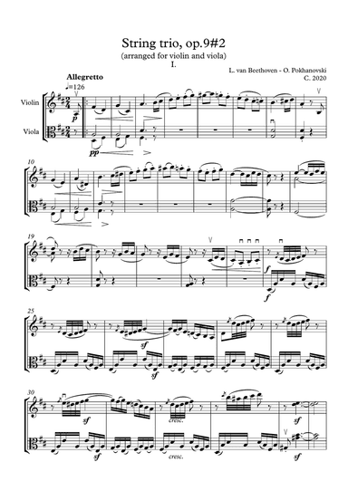 Beethoven-Pokhanovski String Trio in D, op.9#2, first movement (arranged for violin and viola)