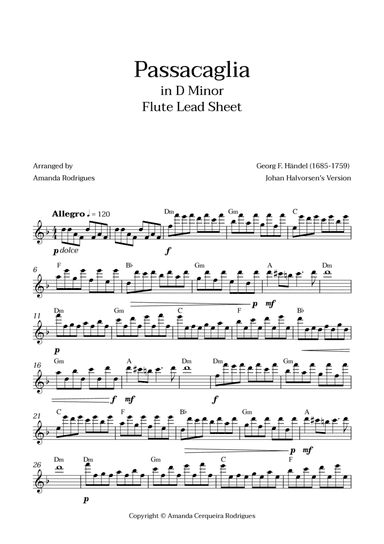 Passacaglia - Easy Flute Lead Sheet in Em Minor (Johan Halvorsen's Version)