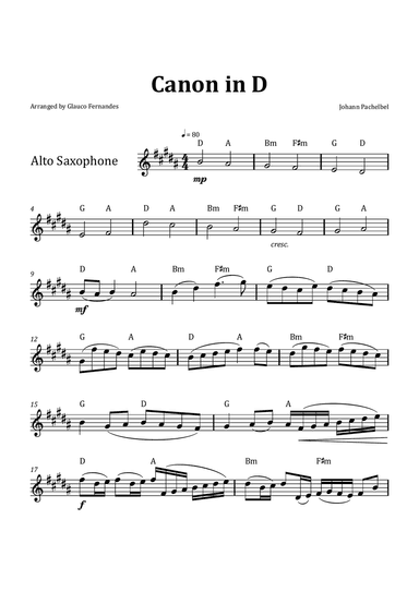 Canon by Pachelbel - Alto Saxophone & Chord Notation