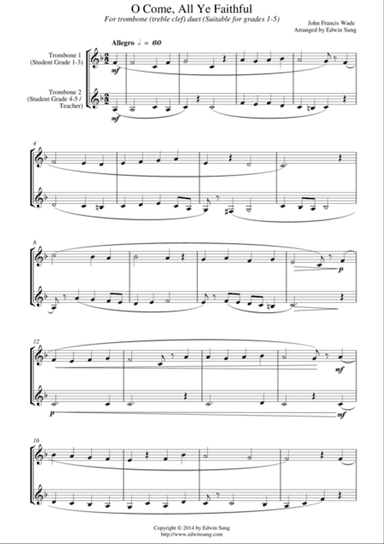 O Come, All Ye Faithful (for trombone duet (treble clef), suitable for grades 1-5)