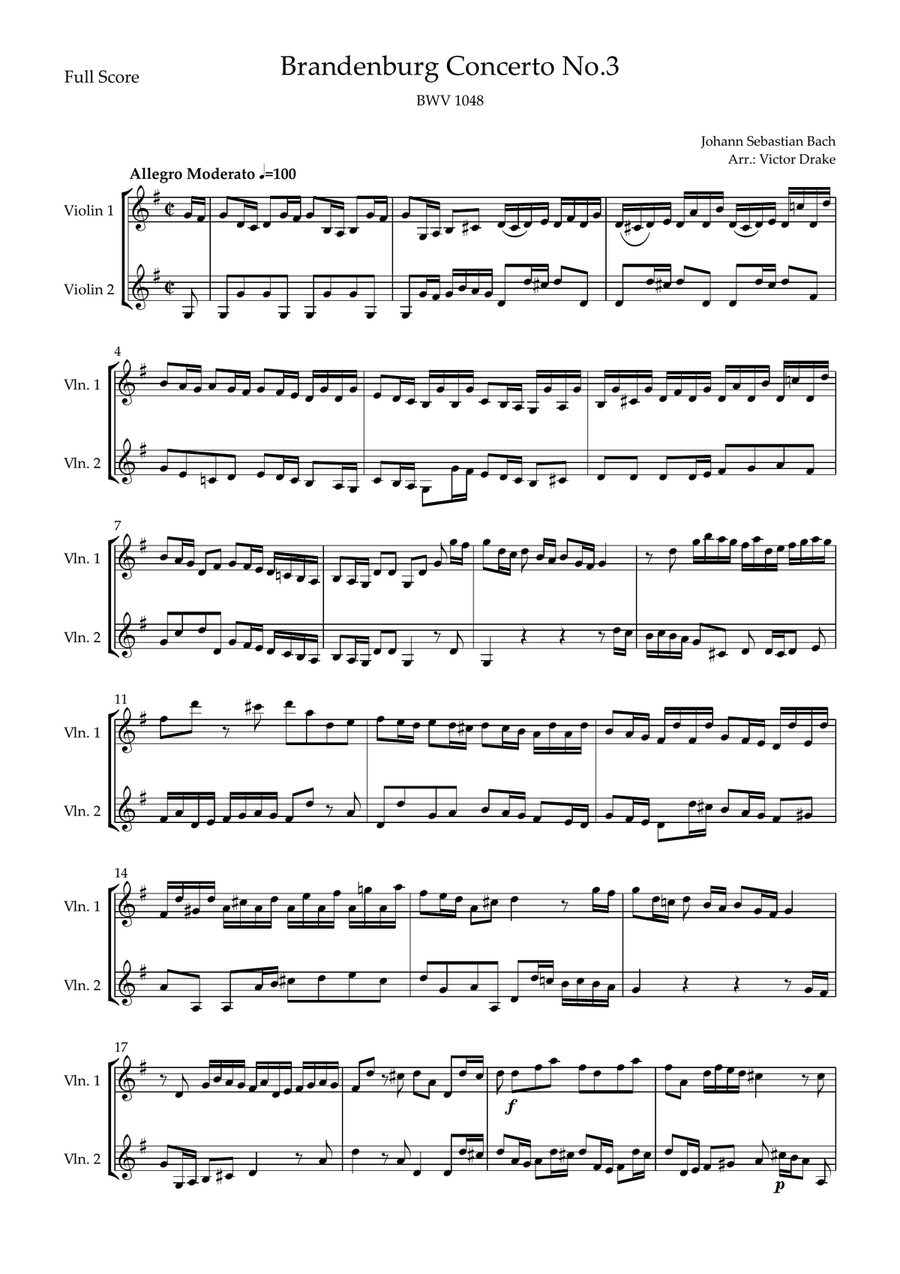 Brandenburg Concerto No. 3 in G major, BWV 1048 1st Mov. (J.S. Bach) for Violin Duo