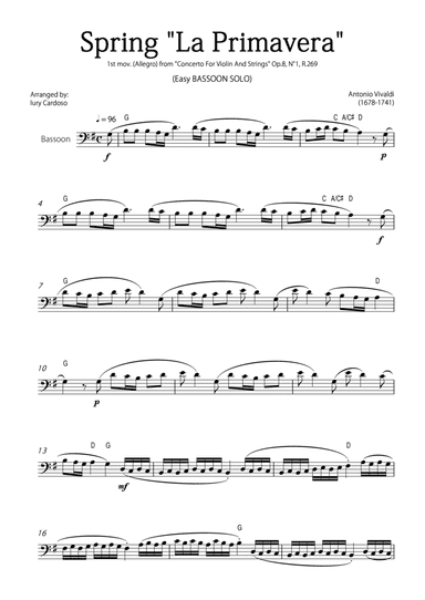 "Spring" (La Primavera) by Vivaldi - Easy version for BASSOON SOLO