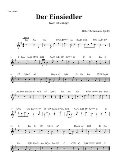 Der Einsiedler by Schumann for Recorder and Chords