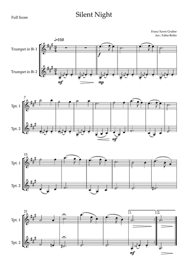Silent Night (Christmas Song) for Trumpet in Bb Duo