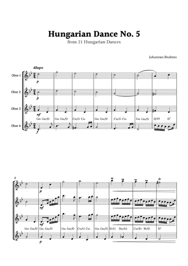 Hungarian Dance No. 5 by Brahms for Oboe Quartet with Chords
