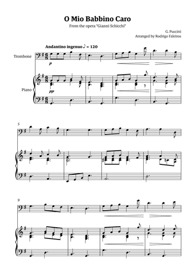 O Mio Babbino Caro - for trombone solo (with piano accompaniment)
