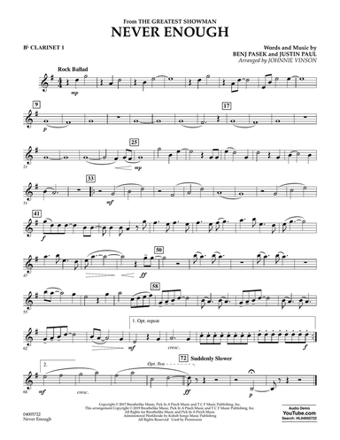 Never Enough (from The Greatest Showman) (arr. Johnnie Vinson) - Bb Clarinet 1