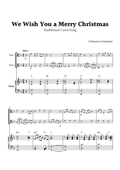 We Wish you a Merry Christmas for Viola Duet with Piano