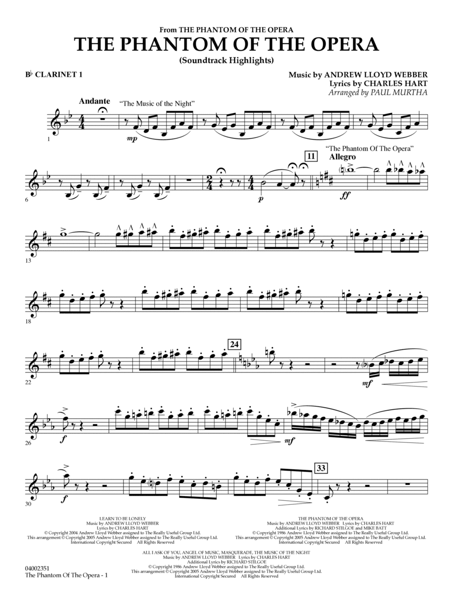 The Phantom Of The Opera (Soundtrack Highlights) (arr. Paul Murtha) - Bb Clarinet 1