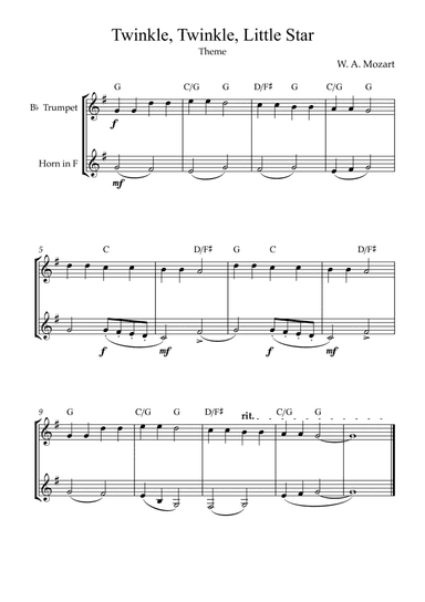 Twinkle, Twinkle, Little Star | For Bb Trumpet and Horn in F (Without Transposition)