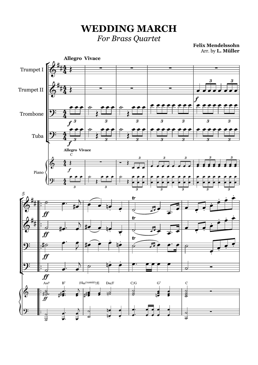 Wedding March - For Brass Quartet and Piano - With chords