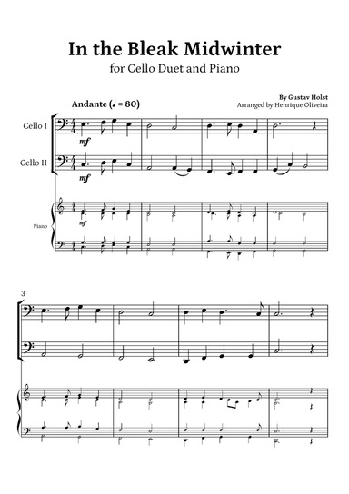 In the Bleak Midwinter (Cello Duet and Piano) - Beginner Level
