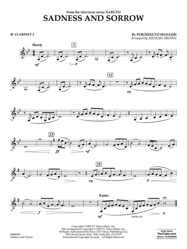 Sadness and Sorrow (from Naruto) (arr. Michael Brown) - Bb Clarinet 2
