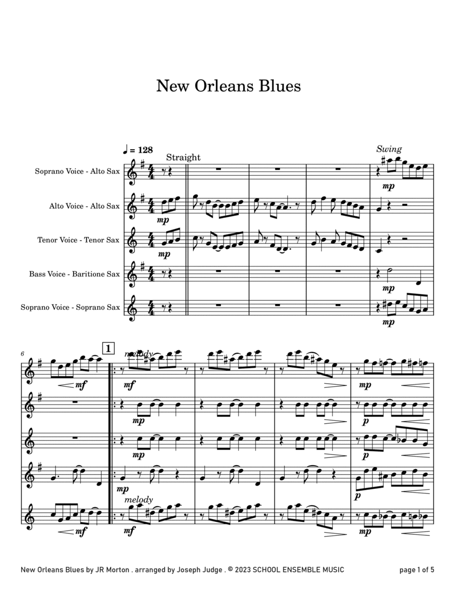 New Orleans Blues by JR Morton for Saxophone Quartet in Schools