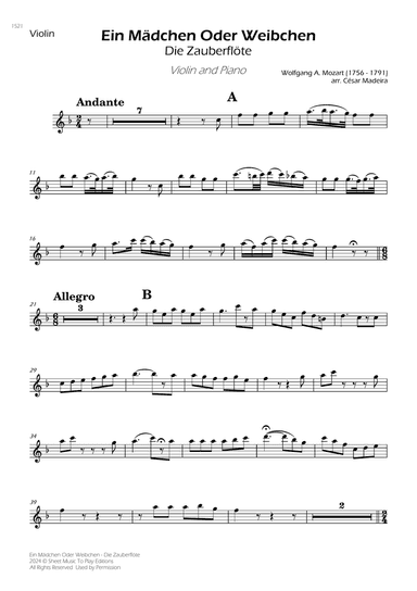 Ein Mädchen Oder Weibchen - Violin and Piano (Individual Parts)