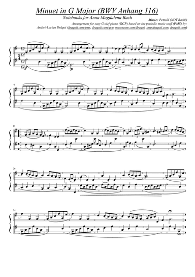 Petzold (NOT Bach!) - Minuet in G Major (BWV Anhang 116) - G-clef piano (GCP) arr. based on PMS