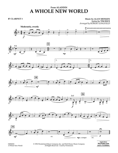A Whole New World (from Aladdin) (arr. Robert Longfield) - Bb Clarinet 1