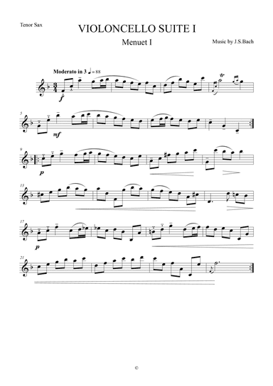 Menuet I from Violoncello Suite I by J.S.Bach for Tenor Saxophone