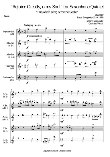 "Rejoice Greatly, o my Soul" for Saxophone Quintet