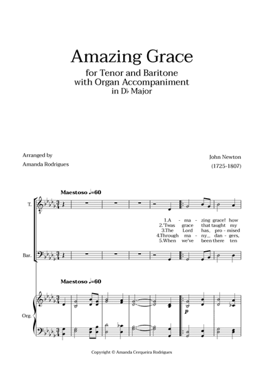 Amazing Grace in Db Major - Tenor and Baritone with Organ Accompaniment