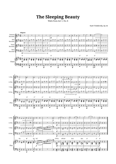 The Sleeping Beauty Waltz for Recorder Quartet and Piano