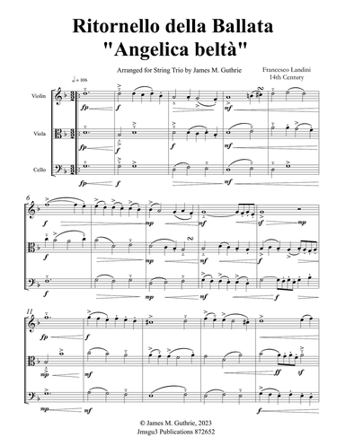 Landini: Ritornello Della Ballata "Angelica belta" for String Trio