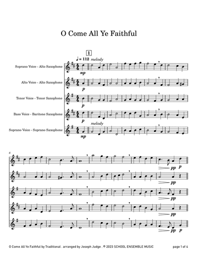 O Come All Ye Faithful for Saxophone Quartet in Schools