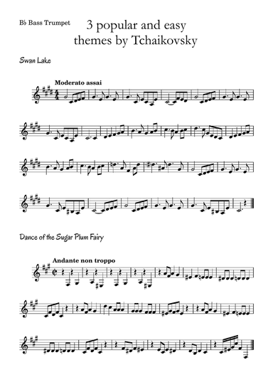 3 popular and easy themes by Tchaikovsky with accompaniment and chord symbols for B♭ Bass Trumpet