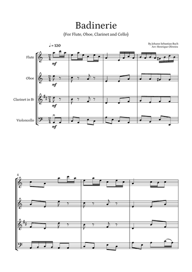 Badinerie by J. S. Bach (For Flute, Oboe, Clarinet and Cello)
