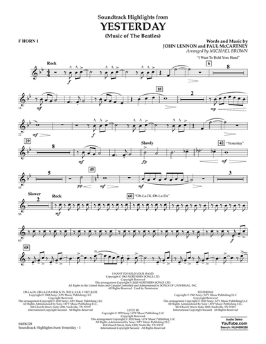 Highlights from Yesterday (Music Of The Beatles) (arr. Michael Brown) - F Horn 1