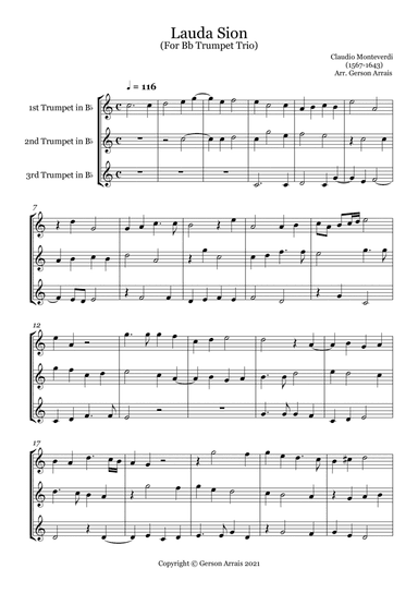 Lauda Sion - Claudio Monteverdi, for Bb Trumpet Trio - Score and Parts
