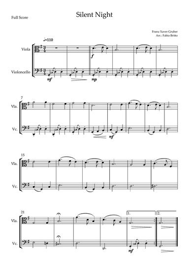 Silent Night (Christmas Song) for Viola & Cello Duo