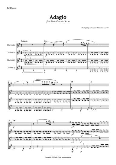Andante from Piano Concerto No. 21 by Mozart for Clarinet Quartet