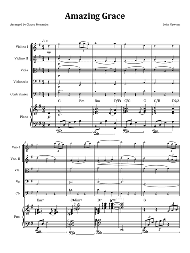 Amazing Grace - String Quintet & Piano with Chord Notation