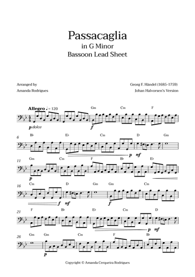 Passacaglia - Easy Fagote Lead Sheet in Gm Minor (Johan Halvorsen's Version)