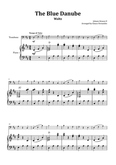 The Blue Danube - Trombone and Piano with Chord Notations