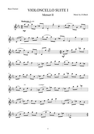 Menuet II from Violoncello Suite I by J.S.Bach for Bass Clarinet