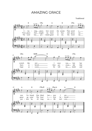 AMAZING GRACE - for piano and tenor in E major with chords