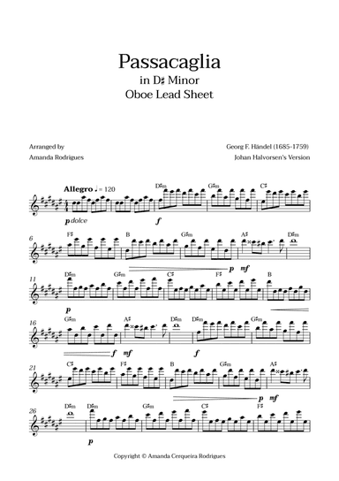 Passacaglia - Easy Oboe Lead Sheet in F#m Minor (Johan Halvorsen's Version)