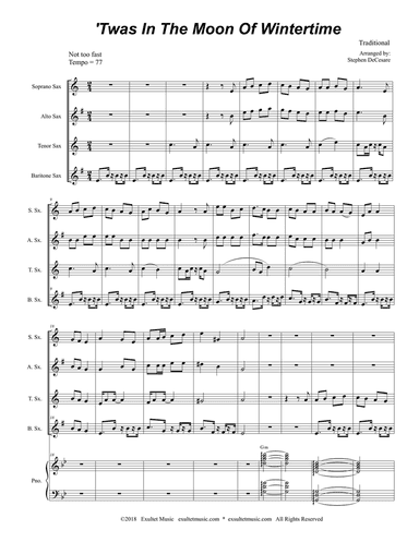'Twas In The Moon Of Wintertime (Saxophone Quartet and Piano)