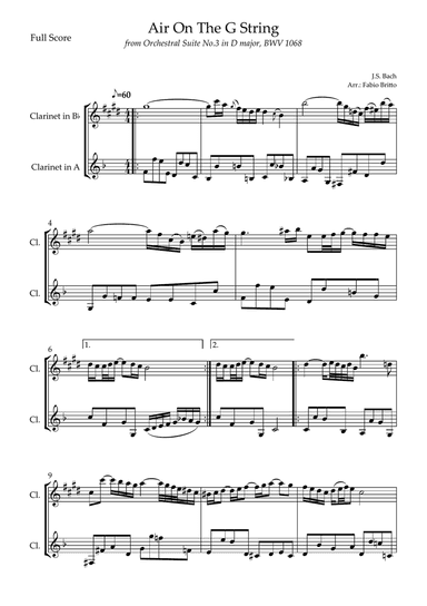 Air On The G String (J.S. Bach) for Clarinet in A & Clarinet in Bb Duo