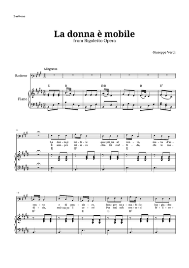 La donna è mobile in E major for Baritone and Piano