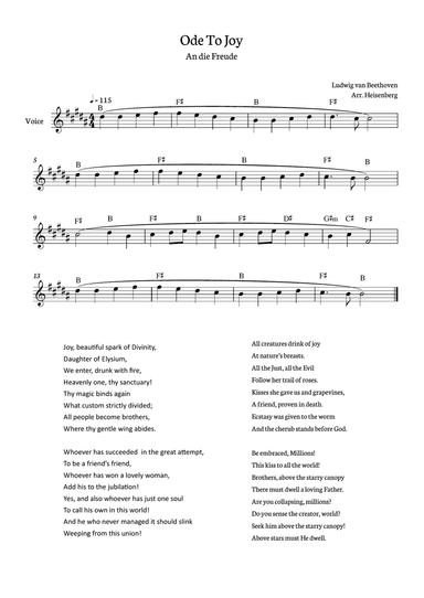 Beethoven - Ode To Joy for voice with chords in B (Lyrics in English)