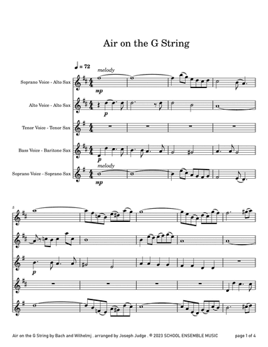Air by Bach for Saxophone Quartet in Schools