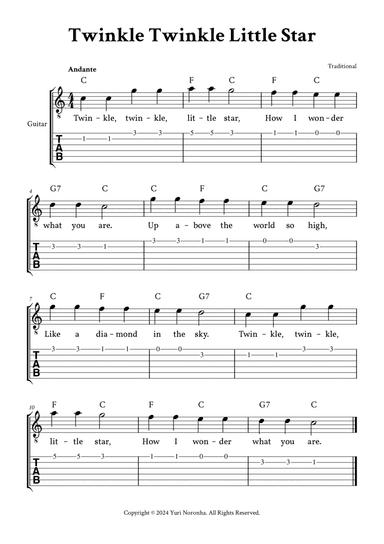 Twinkle Twinkle Little Star - Easy Guitar (C Major - with TAB, Lyrics, Chords)